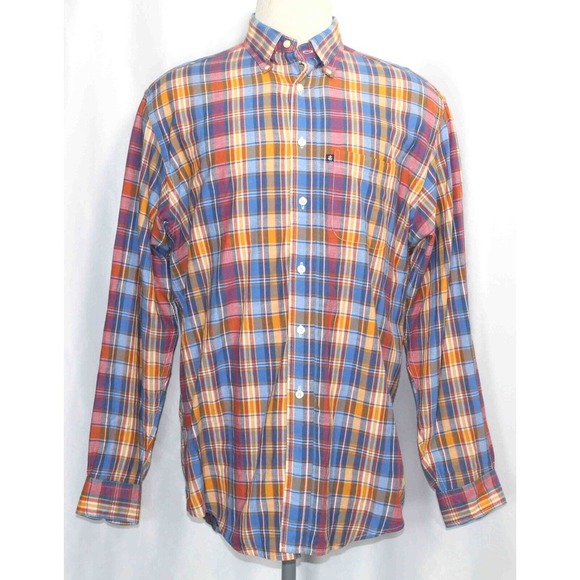 Brooks Brothers 346 Button Up L/S Orange Blue Plaid Cotton Shirt Mens Size Large - Picture 1 of 5